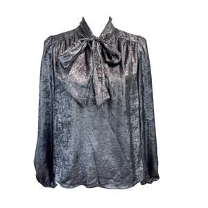Ann Taylor Factory Blouse sz Extra Small Silver Gray Shimmery Bow Career Evening